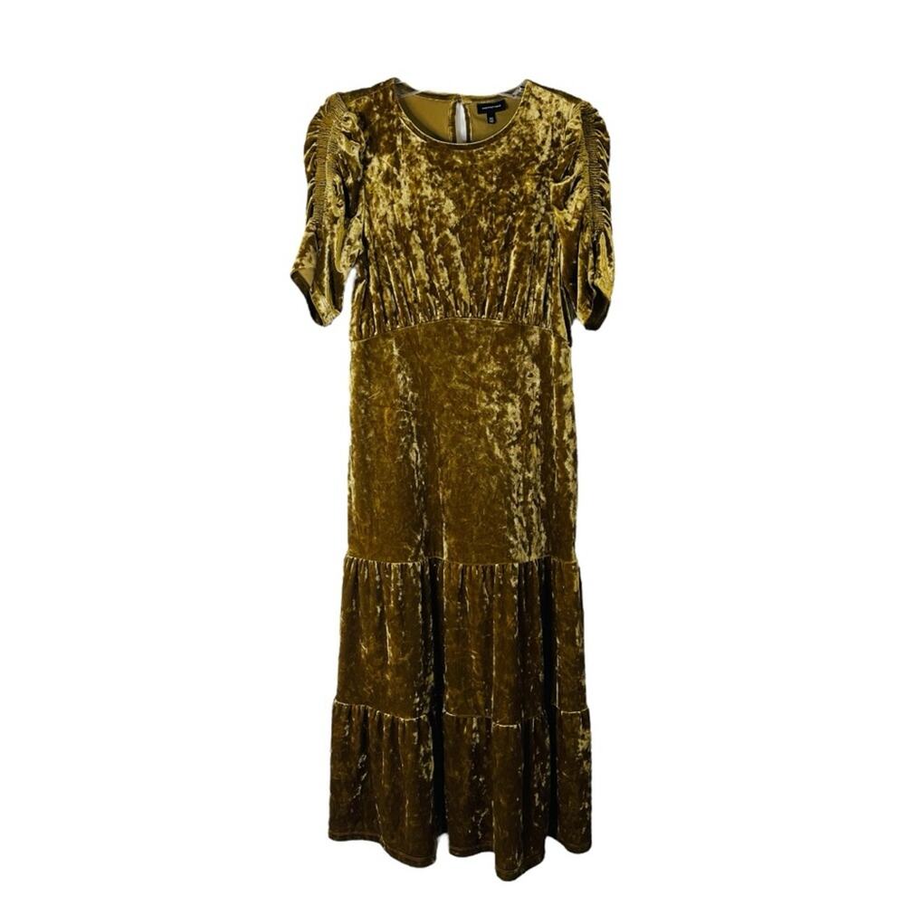Whowhatwear tan chartreuse velour stretchy boho cottagecore midi dress XS
